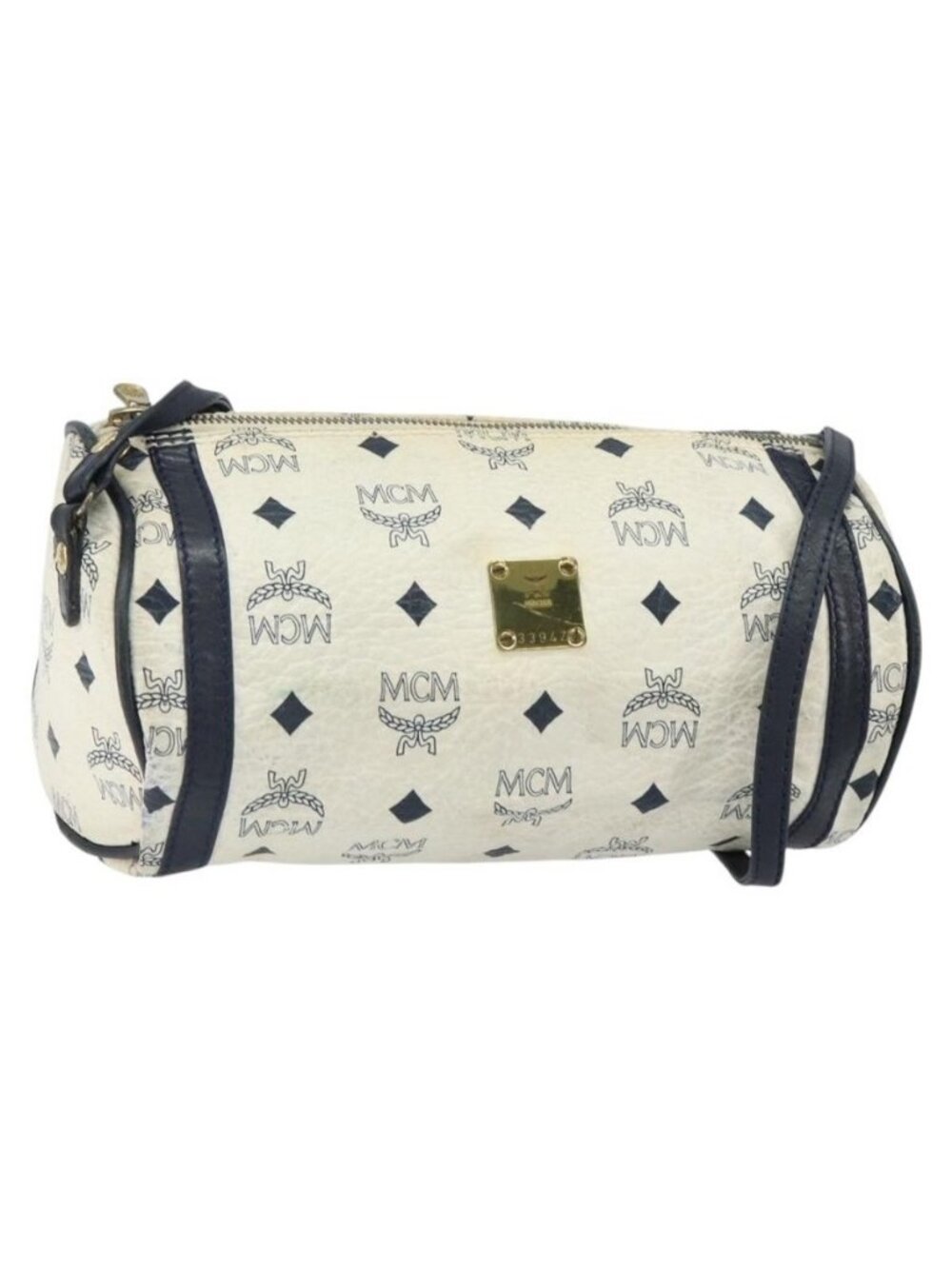 Authentic MCM Vicetos Logogram Shoulder Bag PVC Leather White Gold